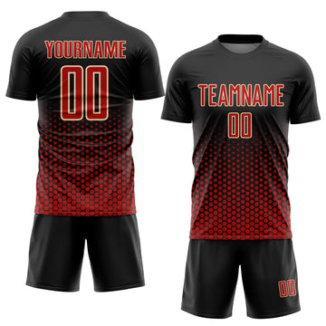 Custom Black Red-Cream Geometric Hexagonal Dot Gradient Sublimation Soccer Uniform Jersey