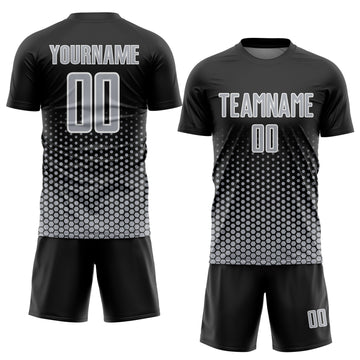 Custom Black Gray-White Geometric Hexagonal Dot Gradient Sublimation Soccer Uniform Jersey