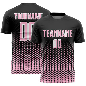 Custom Black Light Pink-White Geometric Hexagonal Dot Gradient Sublimation Soccer Uniform Jersey