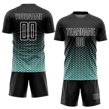 Custom Black Ice Blue-White Geometric Hexagonal Dot Gradient Sublimation Soccer Uniform Jersey