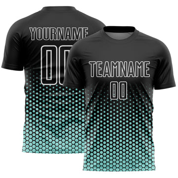 Custom Black Ice Blue-White Geometric Hexagonal Dot Gradient Sublimation Soccer Uniform Jersey