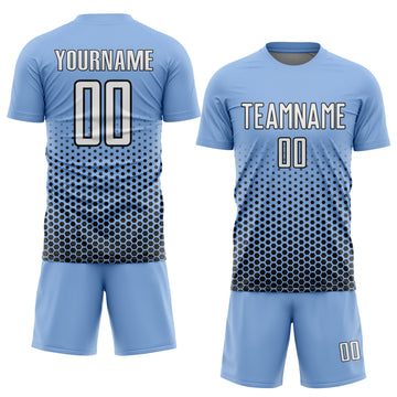 Custom Light Blue White-Black Geometric Hexagonal Dot Gradient Sublimation Soccer Uniform Jersey