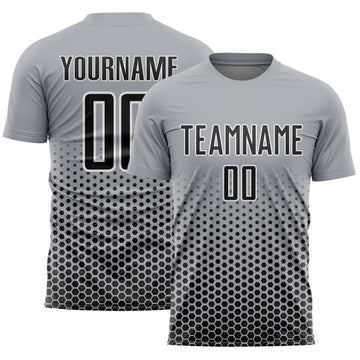 Custom Gray Black-White Geometric Hexagonal Dot Gradient Sublimation Soccer Uniform Jersey