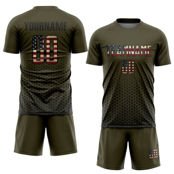 Custom Olive Vintage USA Flag-Black Geometric Hexagonal Dot Gradient Sublimation Soccer Uniform Jersey