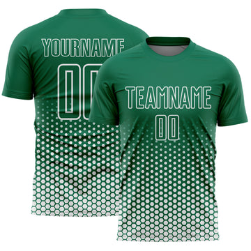 Custom Kelly Green-White Geometric Hexagonal Dot Gradient Sublimation Soccer Uniform Jersey