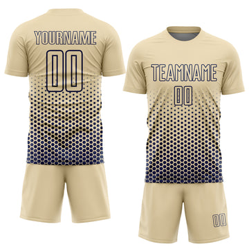 Custom Cream-Navy Geometric Hexagonal Dot Gradient Sublimation Soccer Uniform Jersey