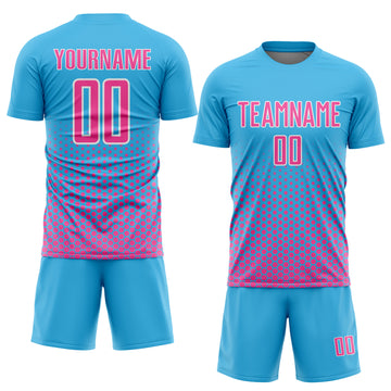 Custom Sky Blue Pink-White Geometric Hexagonal Dot Gradient Sublimation Soccer Uniform Jersey