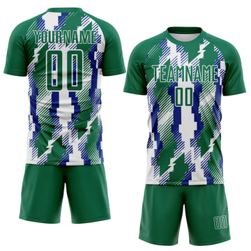 Custom Kelly Green Royal-White Jamaica Geometric Sublimation Soccer Uniform Jersey