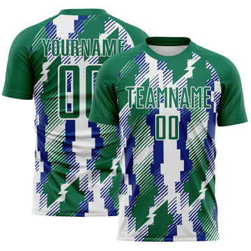 Custom Kelly Green Royal-White Jamaica Geometric Sublimation Soccer Uniform Jersey