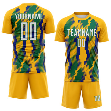 Custom Gold White Kelly Green-Royal Jamaica Geometric Sublimation Soccer Uniform Jersey