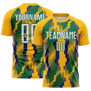 Custom Gold White Kelly Green-Royal Jamaica Geometric Sublimation Soccer Uniform Jersey