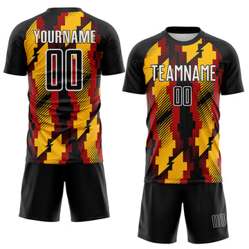 Custom Black Gold Red-White Jamaica Geometric Sublimation Soccer Uniform Jersey