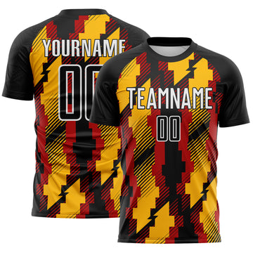 Custom Black Gold Red-White Jamaica Geometric Sublimation Soccer Uniform Jersey