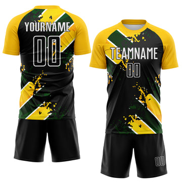 Custom Black Yellow Green-White Jamaica Brush Stroke Splatter Sublimation Soccer Uniform Jersey