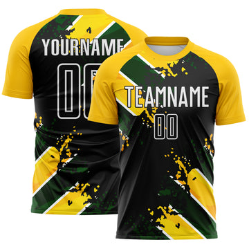 Custom Black Yellow Green-White Jamaica Brush Stroke Splatter Sublimation Soccer Uniform Jersey