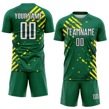 Custom Kelly Green White Light Yellow-Black Jamaica Brush Stroke Splatter Sublimation Soccer Uniform Jersey