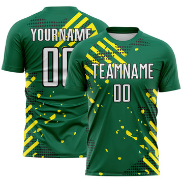 Custom Kelly Green White Light Yellow-Black Jamaica Brush Stroke Splatter Sublimation Soccer Uniform Jersey