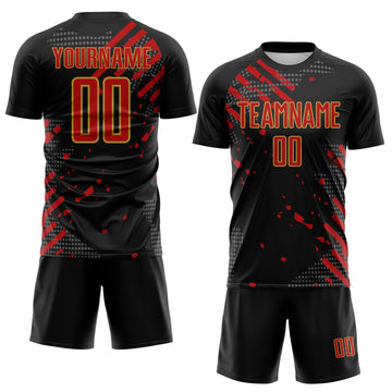 Custom Black Red-Old Gold Jamaica Brush Stroke Splatter Sublimation Soccer Uniform Jersey