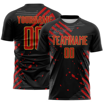 Custom Black Red-Old Gold Jamaica Brush Stroke Splatter Sublimation Soccer Uniform Jersey