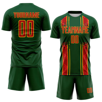 Custom Green Red-Gold Jamaica Vertical Stripes Paint Splatter Sublimation Soccer Uniform Jersey