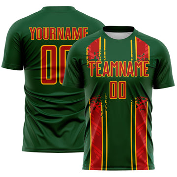 Custom Green Red-Gold Jamaica Vertical Stripes Paint Splatter Sublimation Soccer Uniform Jersey