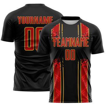 Custom Black Red-Old Gold Jamaica Vertical Stripes Paint Splatter Sublimation Soccer Uniform Jersey
