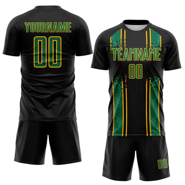 Custom Black Kelly Green-Gold Jamaica Vertical Stripes Paint Splatter Sublimation Soccer Uniform Jersey