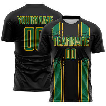 Custom Black Kelly Green-Gold Jamaica Vertical Stripes Paint Splatter Sublimation Soccer Uniform Jersey