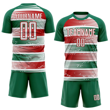 Custom Kelly Green White-Red Jamaica Stripes Paint Splatter Sublimation Soccer Uniform Jersey