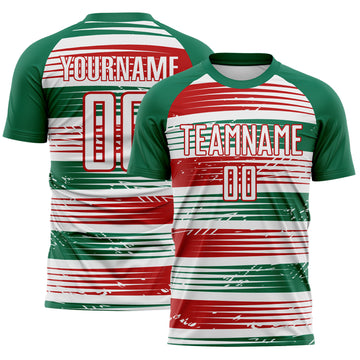 Custom Kelly Green White-Red Jamaica Stripes Paint Splatter Sublimation Soccer Uniform Jersey