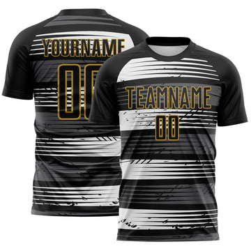 Custom Black White-Old Gold Jamaica Stripes Paint Splatter Sublimation Soccer Uniform Jersey