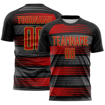 Custom Black Red-Old Gold Jamaica Stripes Paint Splatter Sublimation Soccer Uniform Jersey