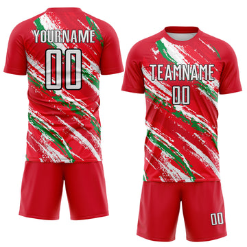 Custom Red White Green-Black Jamaica Brush Stroke Splatter Sublimation Soccer Uniform Jersey