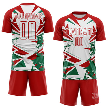 Custom Red White-Green Jamaica Geometric Splatter Sublimation Soccer Uniform Jersey