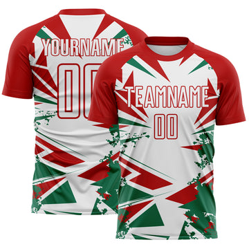 Custom Red White-Green Jamaica Geometric Splatter Sublimation Soccer Uniform Jersey