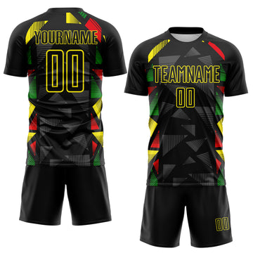 Custom Black Red Green-Light Yellow Jamaica Geometric Stripes Sublimation Soccer Uniform Jersey