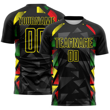 Custom Black Red Green-Light Yellow Jamaica Geometric Stripes Sublimation Soccer Uniform Jersey