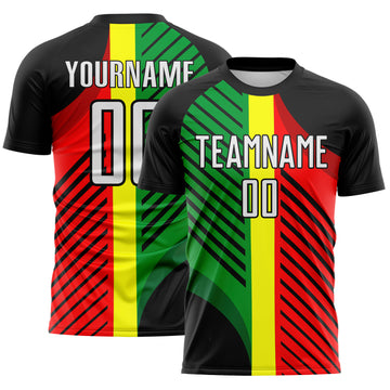 Custom Black White Red-Green Jamaica Stripes Sublimation Soccer Uniform Jersey