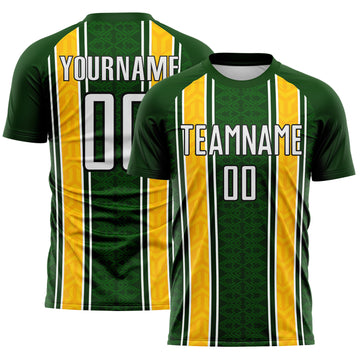 Custom Green White Gold-Black Jamaica Geometric Stripes Sublimation Soccer Uniform Jersey