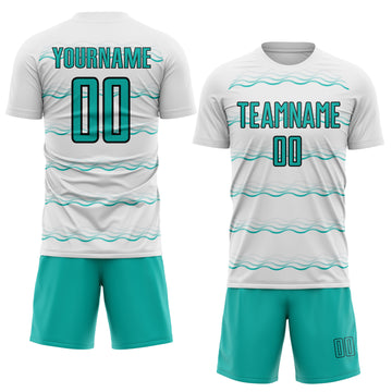 Custom White Aqua-Black Jamaica Fluid Liquid Waves Sublimation Soccer Uniform Jersey