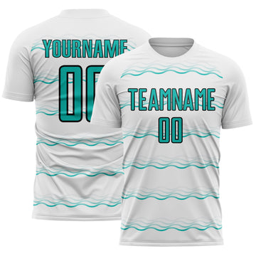 Custom White Aqua-Black Jamaica Fluid Liquid Waves Sublimation Soccer Uniform Jersey