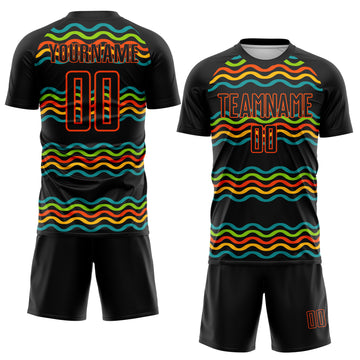Custom Black Teal Neon Green Gold-Orange Jamaica Fluid Liquid Waves Sublimation Soccer Uniform Jersey