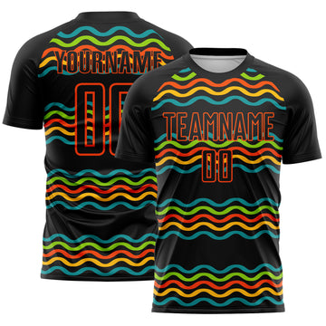 Custom Black Teal Neon Green Gold-Orange Jamaica Fluid Liquid Waves Sublimation Soccer Uniform Jersey