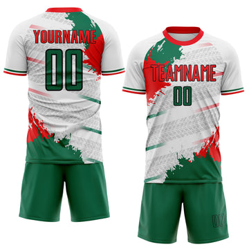 Custom White Kelly Green Black-Fire Red Jamaica Geometric Paint Splatter Sublimation Soccer Uniform Jersey
