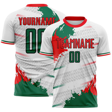 Custom White Kelly Green Black-Fire Red Jamaica Geometric Paint Splatter Sublimation Soccer Uniform Jersey