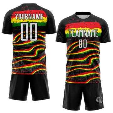 Custom Black White Red Green-Light Yellow Jamaica Fluid Liquid Waves Brush Stroke Sublimation Soccer Uniform Jersey