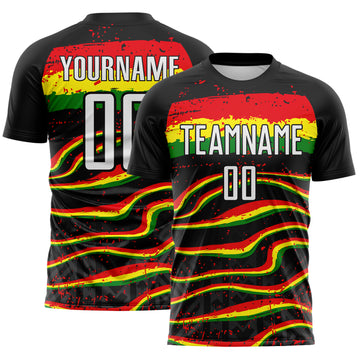 Custom Black White Red Green-Light Yellow Jamaica Fluid Liquid Waves Brush Stroke Sublimation Soccer Uniform Jersey