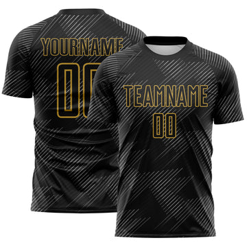 Custom Black-Old Gold Diagonal Scratch Lines Sublimation Soccer Uniform Jersey