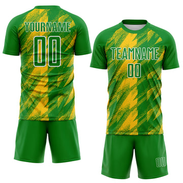 Custom Grass Green Yellow-White Brush Stroke Brazil Sublimation Soccer Uniform Jersey