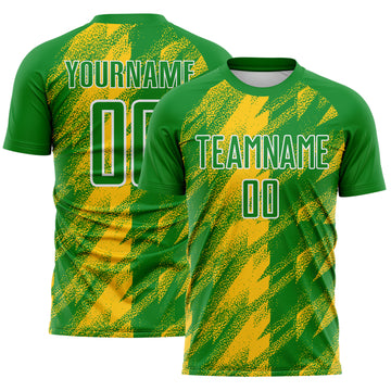 Custom Grass Green Yellow-White Brush Stroke Brazil Sublimation Soccer Uniform Jersey
